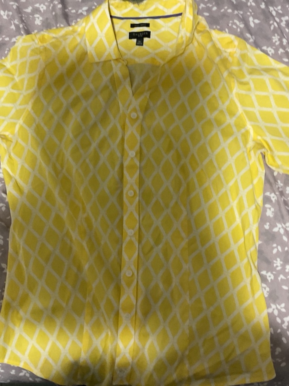 Talbots Yellow and White Lattice-Print Button-Down Shirt